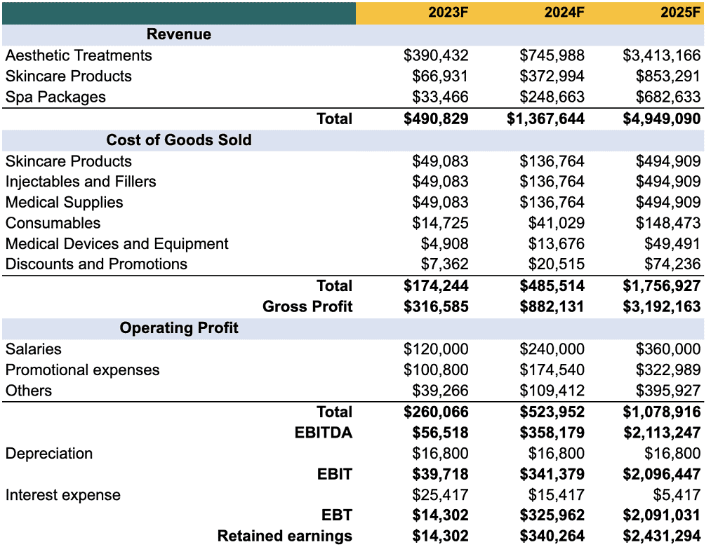 income statement of med spa business plan