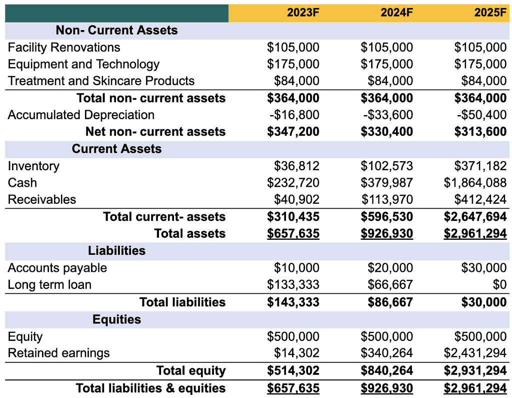 balance sheet of med spa business plan