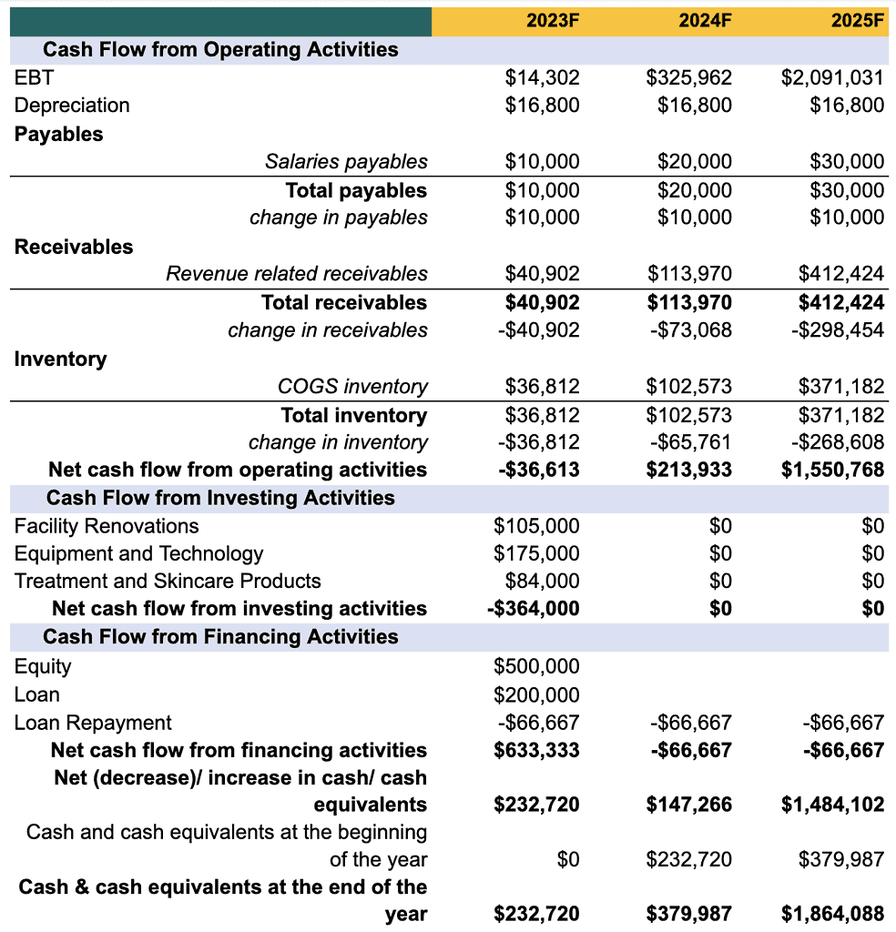 cash flow statement of med spa business plan